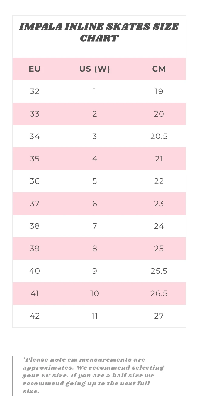 Impala - Lightspeed Inline Skate - Pink / Yellow Impala - Lightspeed Inline Skate - Pink / Yellow -Impala Sale Store ImpalaInlineSkatesSizeChart d0f068ad d8a7 4566 a7f7 2eb8a41f63ab